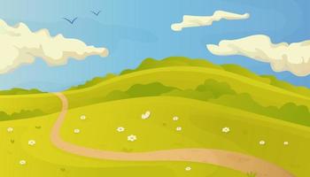 Bright summer vector landscape with trail in the grass and clouds on blue sky