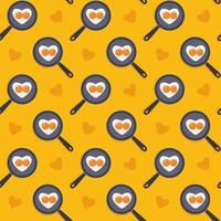Cartoon sweet seamless yellow pattern Heart shape fried eggs on the pan Valentines day concept Easter holiday wallpaper or background Stock vector illustration in flat style