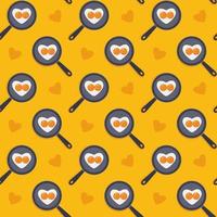 Cartoon sweet seamless yellow pattern Heart shape fried eggs on the pan Valentines day concept Easter holiday wallpaper or background Stock vector illustration in flat style