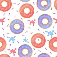 Sweet colorful baked glazed donuts or doughnuts Seamless pattern with sprinkles and splashes vector