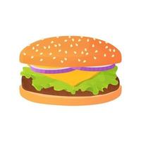 Delicious Cartoon cheeseburger with onion and salad or lettuce beef steak and bun with sesame Fastfood concept Unhealthy lunch Stock vector illustration isolated on white background in flat style