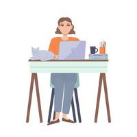 Girl workng at home  distance learning  Home office  freelance  lockdown  remote work online education quarantine concept  Stock vector illustration in flat cartoon style isolated on white background