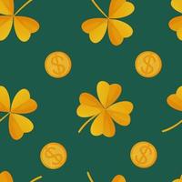 Gold clover and coins  Saint Patrick Day seamless pattern  Can be used as fabric texture  wrapping  Stock vector illustration in realistic cartoon style