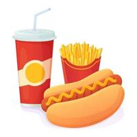 Tasty bright Hot Dog with soda and french fries combo  World no diet day  unhealthy fast food concept  Can be used for web  menu  banner vector