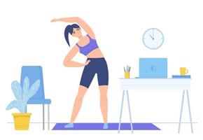 Chica practicando fitness en estera en casa deporte en línea estilo de vida saludable trabajo remoto concepto de descanso stock vector ilustración aislado sobre fondo blanco en estilo de dibujos animados plana