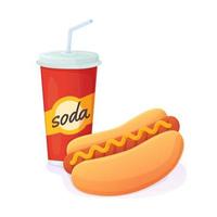 sabroso hot dog brillante con soda combo world ningún día de dieta concepto de comida rápida poco saludable se puede utilizar para la ilustración de vector de stock de banner de menú web aislado sobre fondo blanco en estilo de dibujos animados realista