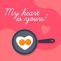 Happy Valentines Day background  lovely scrambled heart shape eggs on frying pan vector