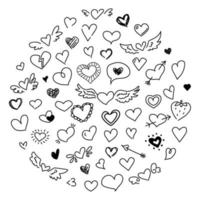 lindo doodle corazón conjunto amor concepto dibujo elementos de diseño día de san valentín boceto negro colección de símbolos románticos aislado sobre fondo blanco en estilo handrawn vector