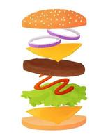 Classic burger ingredients set on layers  contain sesame bun  beaf cutlet or meat  cheese  lettuce  ketchup sauce  onion rings  Fastfood concept  Stock vector illustration in flat cartoon style isolated on white background