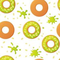 Sweet pistachio colorful baked glazed donuts or doughnuts with nuts seamless pattern with sprinkles and splashes in flat style