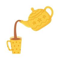 Pouring tea from red polka dots teapot into a cup  Liquid droplets scatter from splash Object isolated  Vector image