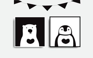 dos carteles para la decoración de la pared conjunto de colores blanco y negro oso polar y pingüino vector