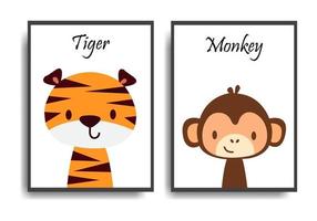 Poster with cartoon animal tigers and monkeys set vector