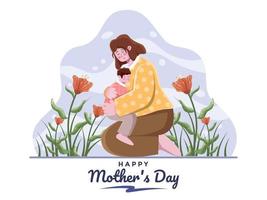 Happy Mothers Day illustration with mom hugging child. Mother's day greeting card postcard design Mothers Day floral design Mother loving her child Mom and children flat illustration vector