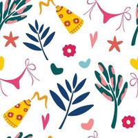 Seamless summer pattern with leaves and beach items Summer vacation Vector illustration for fabric wrapping paper wallpaper textile background