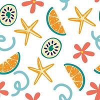 patrón de verano sin costuras con rodajas de limón y flores diseño vibrante de verano frutas tropicales exóticas estrellas de mar de lima fresca y flores rodaja de limón entero ilustración vectorial en un estilo plano vector