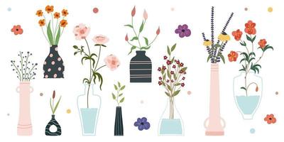 Set of bright spring blooming flowers in vases and bottles isolated on a white background A bunch of bouquets Set of decorative floral design elements Cartoon flat vector illustration