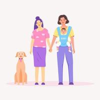 Vector of cute LGBTQ couple with baby in flat cartoon style