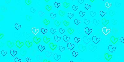 patrón de vector azul claro, verde con corazones de colores.