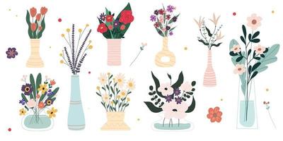 Set of bright spring blooming flowers in vases and bottles isolated on a white background A bunch of bouquets Set of decorative floral design elements Cartoon flat vector illustration