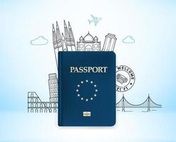 Ilustración de viaje con pasaporte azul. ilustración vectorial con monumentos famosos vector