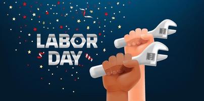 Labor day horizontal greeting card. Strong hands with metal wrench vector