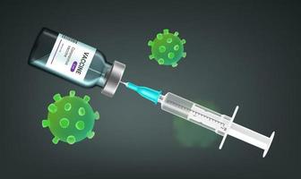 Vaccine versus covid-19 concept. Syringe with vaccine vial and coronavirus molecules