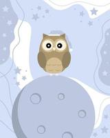 A cute owl is on the moon with a bed cap Concept vector illustration