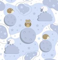 Seamless sweet dreams animal pattern with owl hedgehog and sheep on the background with moon stars and clouds Vector illustration