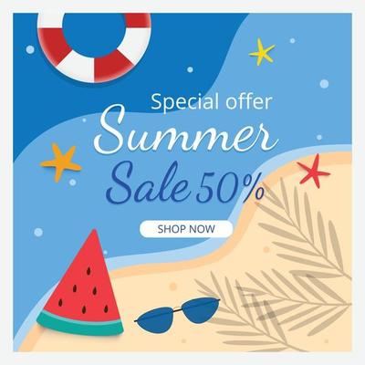 Summer sale banner template and background Hot season discount poster Flat design Vector illustration