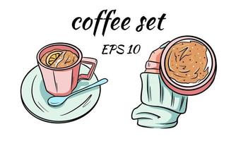 A mug with coffee in hand in gentle tones is drawn in a cartoon style vector