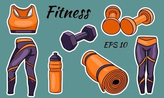 fitness set ropa mancuernas y una colchoneta para deportes y yoga vector