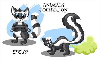 Wild animal characters Raccoon and skunk Cartoon style vector