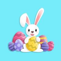 Happy easter day in paper art style with rabbit and easter eggs vector