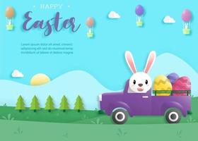 Happy easter day in paper art style with rabbit and easter eggs vector