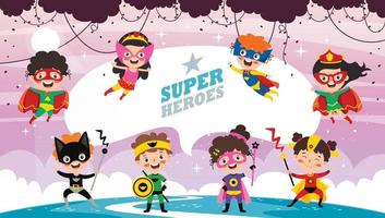 pequeños superhéroes divertidos dibujos animados posando vector