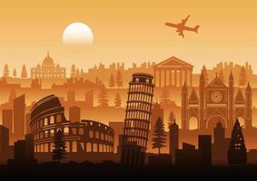 Italy famous landmark silhouette style with row design on sunset time vector