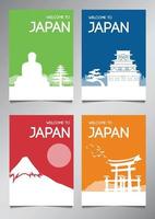 Japón famoso monumento y símbolo en estilo silueta con conjunto de folletos temáticos de varios colores vector