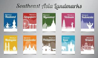 ASEAN famous landmark in silhouette design with multi color style brochure set vector