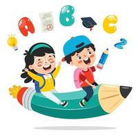 Funny Kids Flying On Colorful Pencil vector