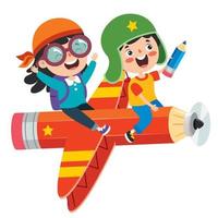 Funny Kids Flying On Colorful Pencil vector