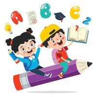 Funny Kids Flying On Colorful Pencil vector