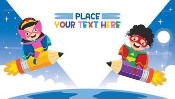 Funny Kids Flying On Colorful Pencil vector