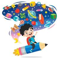 Funny Kid Flying On Colorful Pencil vector