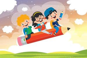 niños divertidos volando en lápiz de colores