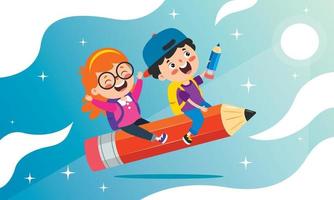 Funny Kids Flying On Colorful Pencil vector