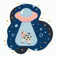 Cute flying saucer abduction a cow Hand drawn doodle UFO in night sky vector