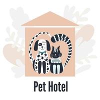 Pets hotel Cat and dog Silhouettes in the shape of a heart Pink house Leaves vector