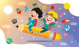 Funny Kid Flying On Colorful Pencil vector