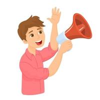 Cheering boy with a megaphone in his hands vector